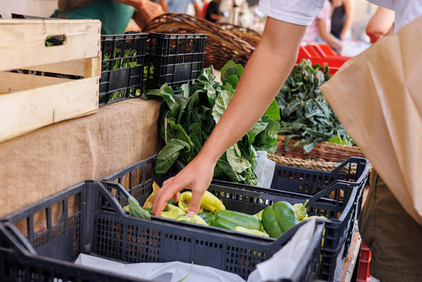 Detail gesta osoby Výběr zeleniny z prodejny zeleniny v Itálii. - Fotografie, Obrázek