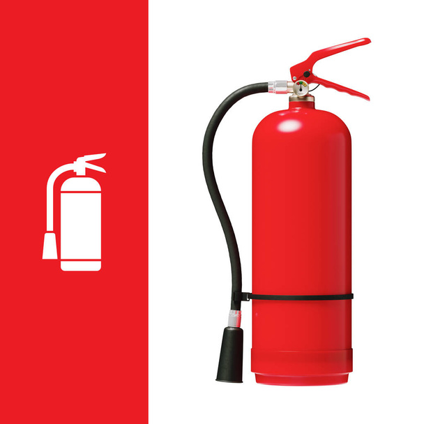 Kırmızı uzun yangın söndürme hortumu, basınç göstergesi ve beyaz arka planda izole yangın söndürme tabelası olan yangın söndürücü. Pankart ya da işaret. 3d hazırlayıcı - Fotoğraf, Görsel