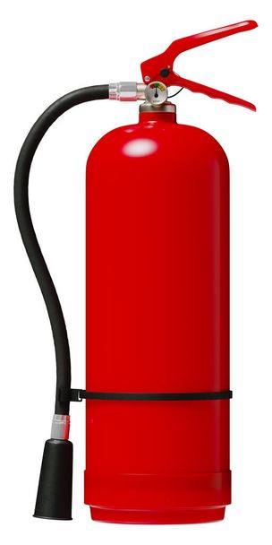 Red tall fire extinguisher with hose and pressure indicator isolated on white background. 3d render - Photo, Image