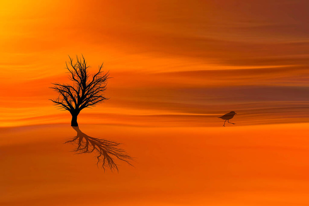 A sad nature scene. A dried tree and a bird moving away in the view of the countryside. - Photo, Image