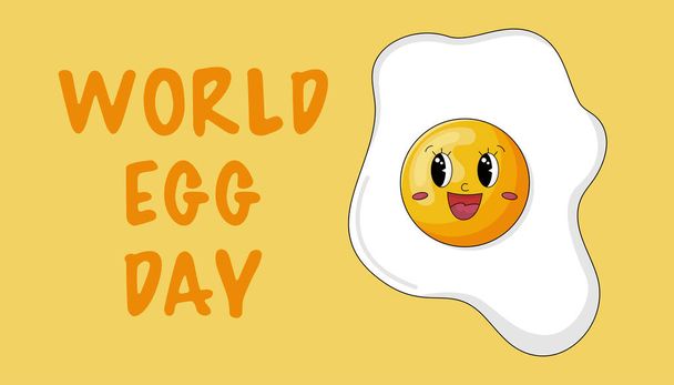 Día Mundial del Huevo. Ilustración vectorial. Lindo personaje de huevo de dibujos animados. Banner de vacaciones, póster o página web. - Vector, imagen