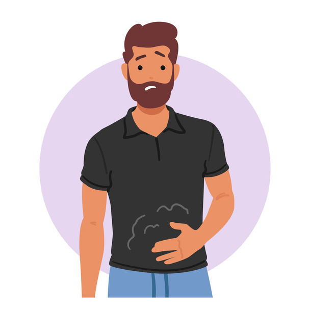 El personaje masculino muestra molestias debido a la indigestión, mostrando síntomas de gastritis, como dolor abdominal y molestias, causadas por la inflamación del revestimiento del estómago. Dibujos animados Gente Vector Ilustración - Vector, imagen