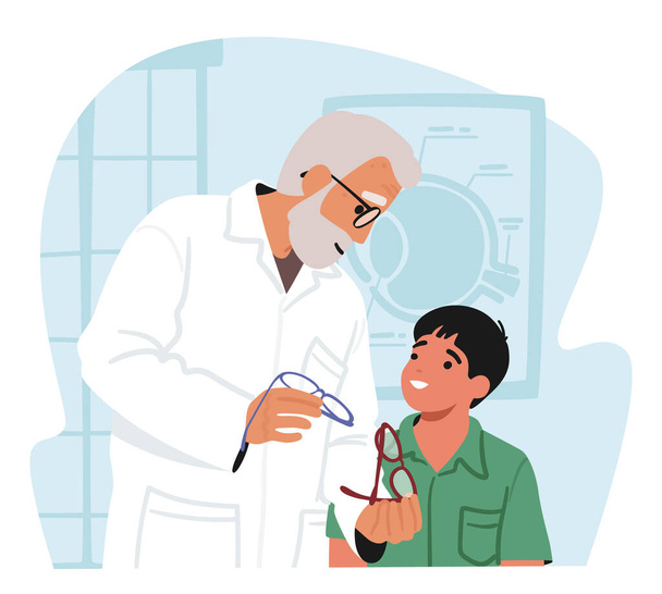 Senior Doctor Ophthalmologist Male Character Giving Eyeglasses to Little Boy. Vision Diseases Treatment and Diagnostics Concept. Patient at Doctor Oculist Appointment. Cartoon Vector Illustration - Vector, Image