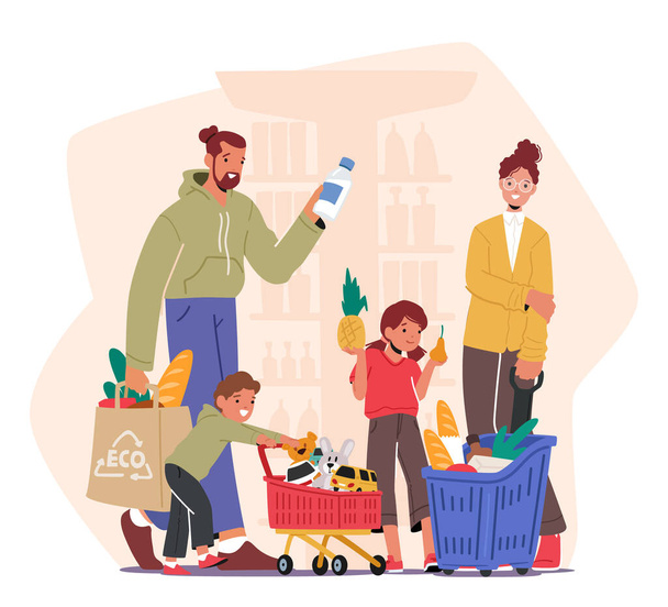 Весёлые семейные персонажи с детьми, прогуливающимися по супермаркетам, их корзина наполнена продуктами. Улыбки, смех и моменты сближения в проходах. Вектор карикатурных людей - Вектор,изображение