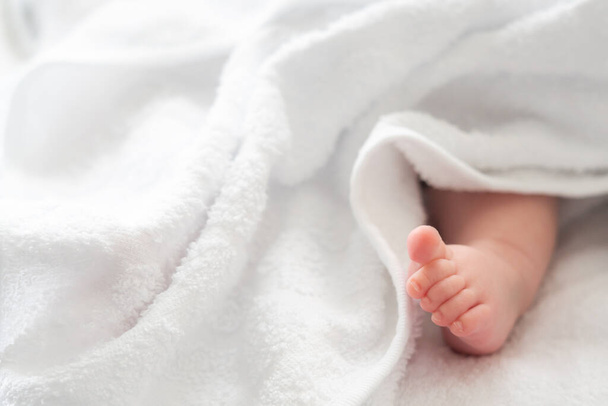  Esencja niewinności jako stopy noworodków delikatnie opuszcza przytulny biały ręcznik - Zdjęcie, obraz
