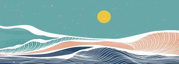 Ilustración de olas oceánicas. Pintura de arte moderno minimalista creativo y patrón de arte de línea. Fondos estéticos contemporáneos abstractos paisajes. con mar, horizonte, ola oceánica - Vector, imagen