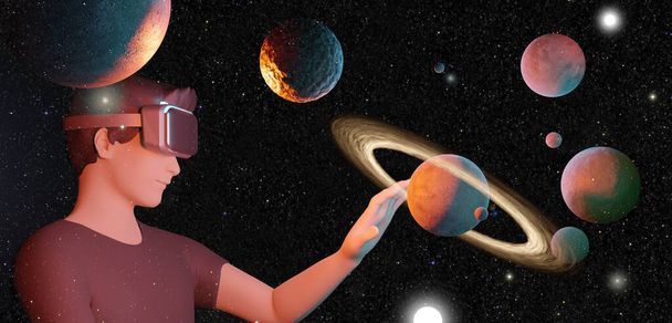 metaverse VR γυαλιά χρήστες Μαθαίνοντας επιστήμη μέσα από γυαλιά AR στη μελέτη των αστεριών και το σύμπαν εικονική απεικόνιση προσομοίωσης κόσμο 3D - Φωτογραφία, εικόνα