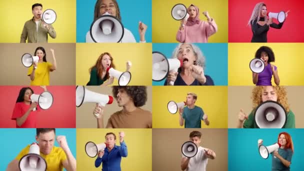 Повільне відео руху мозаїки засмучених багатоетнічних людей кричать за допомогою гучномовця - Кадри, відео