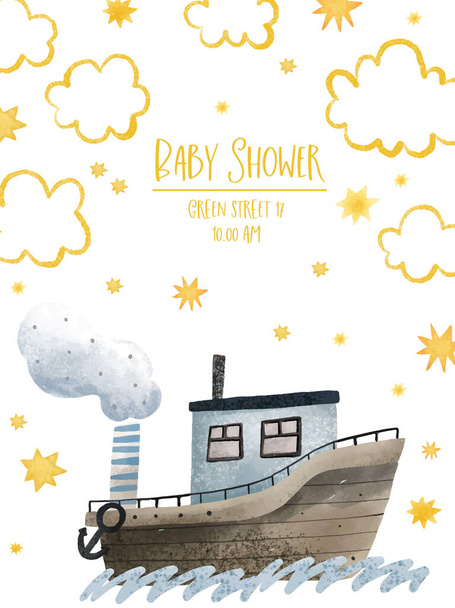 海のトランスポーツ,海のイラストが付いている赤ん坊のシャワー カード. オーシャンデザイン。 ウォーターアドベンチャー - 写真・画像