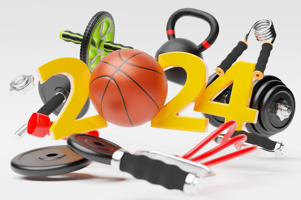 3D tasarım mutlu yıllar 2024 ve spor ekipmanları. Spor malzemeleri: kettlebell, dambıl, spor için elastik bant, basın için jimnastik silindiri. Spor mutlu yeni yıl afişi - Fotoğraf, Görsel