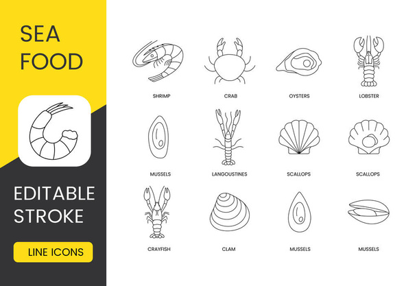 Crostacei e molluschi impostano icone linea in vettore, frutti di mare ictus modificabile. Cozze e vongole, gamberi e capesante, aragoste, ostriche e granchi, gamberetti. - Vettoriali, immagini