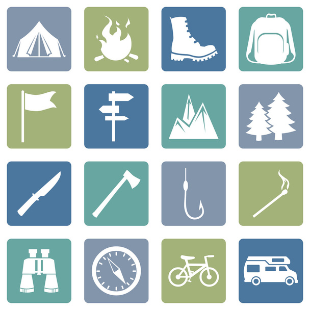Sada ikon pro turistiku a Camping - Vektor, obrázek