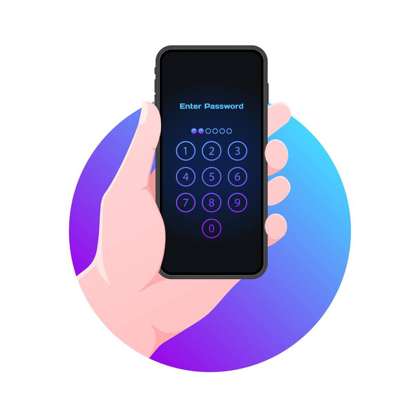 Введення PIN-коду для вашого телефону. Плоский, кольоровий, телефон у руці, введення PIN-коду для телефону, блокування екрана. Піктограма вектора - Вектор, зображення