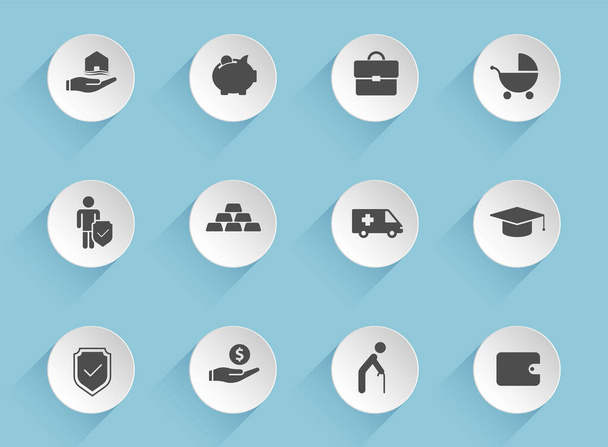 icone vettoriali di assicurazione su cerchi di carta gonfi rotondi con ombre trasparenti su sfondo blu. icone vettoriali di assicurazione per la progettazione di web, mobile e interfaccia utente - Vettoriali, immagini