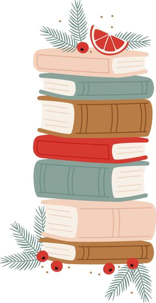 Christmas Books Stack Floral Ornament Vector Illustration - Vector, Image