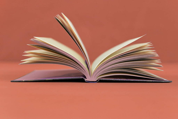 nyitott könyv egy piros könyvjelző rózsaszín háttér másolási hely - Fotó, kép