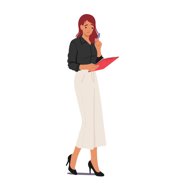 Professional Businesswoman Character Confidently Stands With A Clipboard And Pen In Hand, Symbolizing Competence, Organization And Readiness To Tackle Tasks In The Corporate World. Vector Illustration - Vector, Image