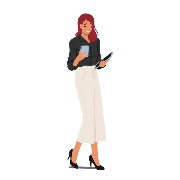 Современная деловая женщина уверенно ходит со своим планшетом и смартфоном, плавно балансируя работу и технологии в своей занятой профессиональной жизни. Вектор карикатурных людей - Вектор,изображение