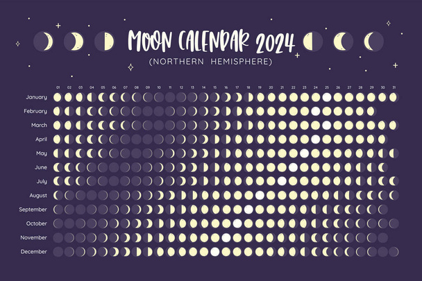 2024 Calendar. Moon phases foreseen from Northern Hemisphere. One year view calendar. EPS Vector. No editable text. - Vector, Image