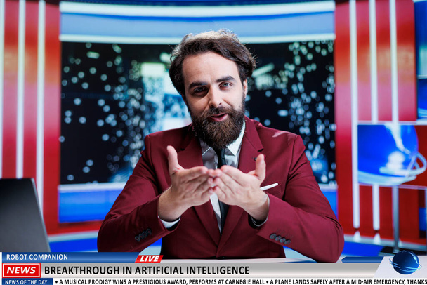 Night show host discuss modern events, presenting news of artificial intelligence development and rise in IT industry as tv program content. Newscaster works on deep learning reports. - Photo, Image