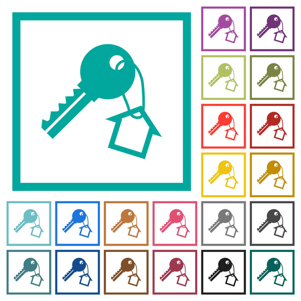Key and small house on the key ring flat color icons with quadrant frames on white background - Vector, Image