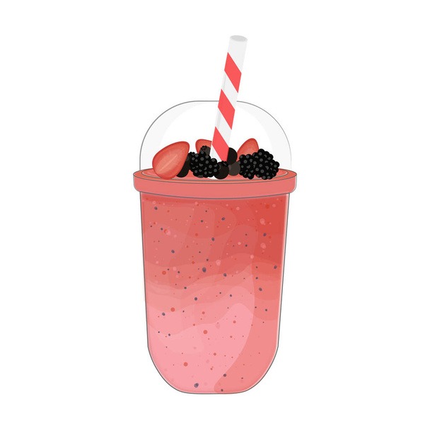 Pink Strawberry Smoothie Illustration Logo in a Plastic Cup - Vector, Image