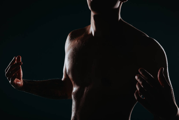 Modelo de fitness seguro que muestra músculos impresionantes en silueta sobre fondo negro - Foto, Imagen