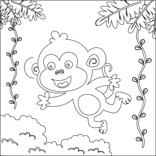 The monkey jumps on branches and vines. Cheerful monkey. Animals in the jungle. Joyful monkey. Coloring book or page - Vector, Image