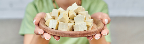 vue partielle de la femme au délicieux fromage tofu, bannière horizontale des choix diététiques végétariens - Photo, image