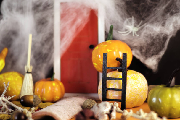 Přízračná halloweenská scéna s červenými dveřmi obklopenými pavučinami, dýněmi, koštětem čarodějnice a žebříkem spočívajícím na obřích dýních. Tato atmosférická kompozice je ideální pro Halloween-tematické projekty, přidání nádech tajemství a strašidelnosti - Fotografie, Obrázek