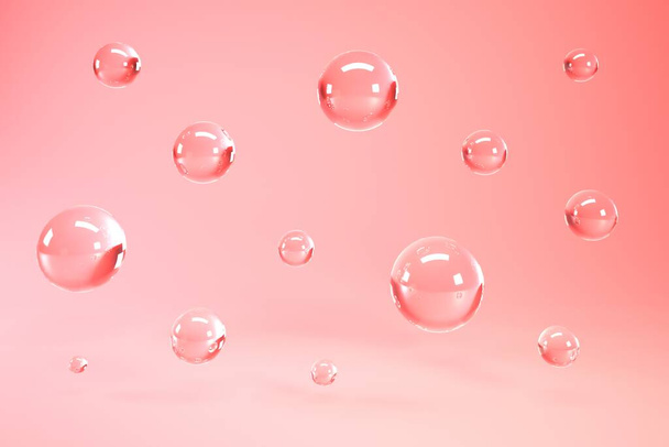 Bolhas de vidro em fundo de coral, renderização 3d surreal abstrata. 3d bolhas de vidro ou esferas no fundo rosa claro. - Foto, Imagem