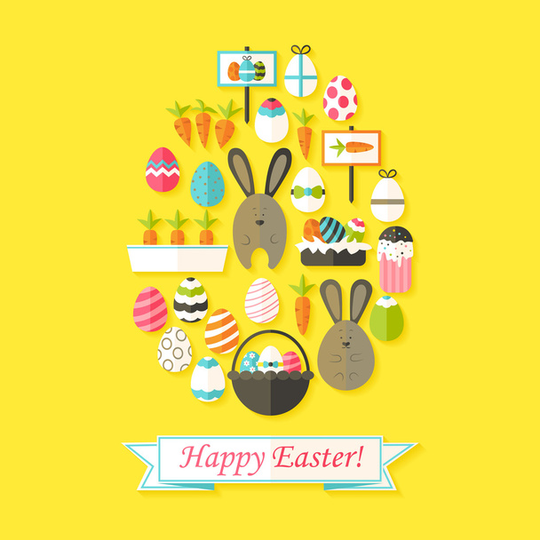 Поздравительная открытка с плоскими иконками в форме яйца
 - Вектор,изображение