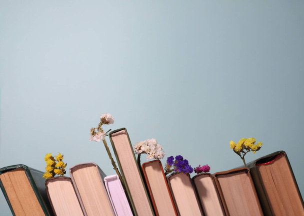 Op een blauwe achtergrond, veel boeken van verschillende diktes staan op een rij en kleine gedroogde bloemen. - Foto, afbeelding
