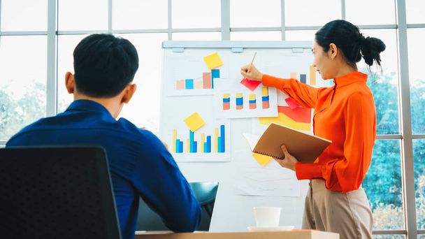 Young woman explains business data on white board in casual office room . The confident Asian businesswoman reports information progress of a business project to partner to determine strategy . Jivy - Photo, Image