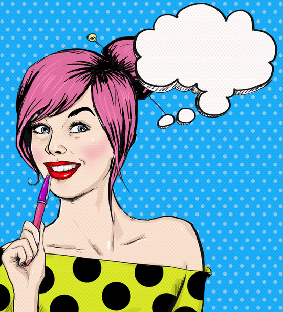Fashion pop art illustration girl with pen in the hand with speech bubble. Student girl. Youth. Young student at the lesson. Young girl with thought bubble. Youth style poster. Pop Art girl. - Photo, Image