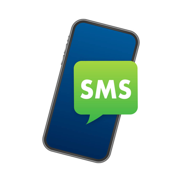 Discurso azul y verde Burbujas con la palabra Sms en ellos. Marketing por correo móvil, comercio electrónico, publicidad y promoción en Internet. - Vector, imagen