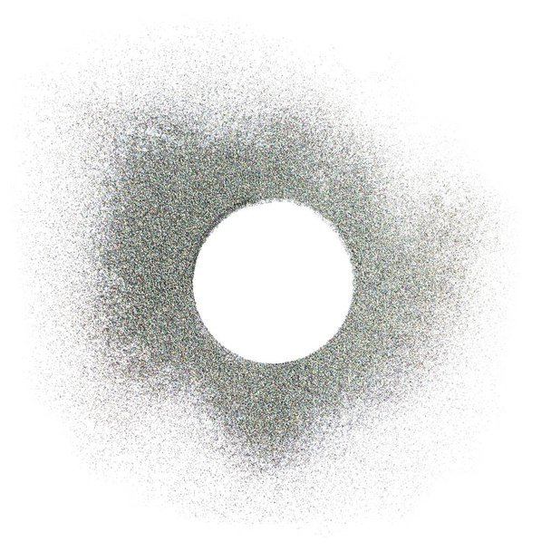 Sombra redonda de brillo plateado sobre un fondo blanco. Brillos brillantes e iridiscentes. - Foto, imagen