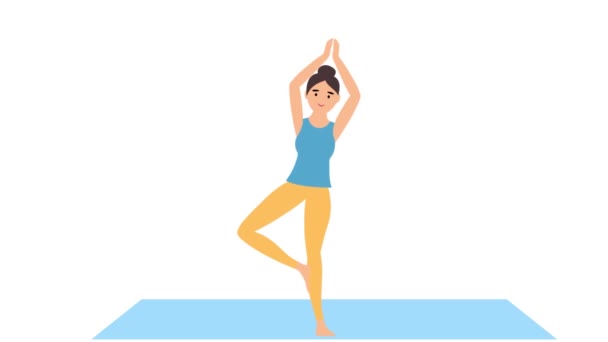 nő csinál jóga és meditáció fa póz jóga légzés testmozgás animáció - Felvétel, videó