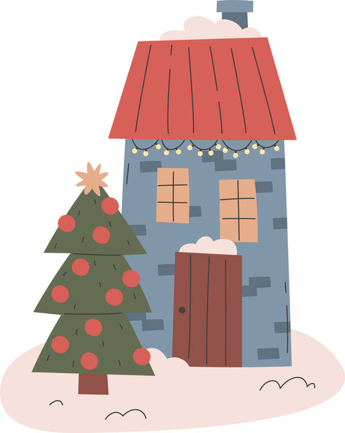 Christmas Home Outdoor With Tree Vector Illustration - Vector, Image