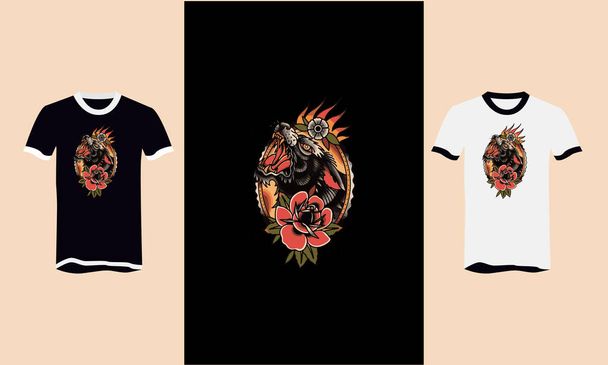 głowa czarny wilk i kwiaty t-shirt projekt - Wektor, obraz