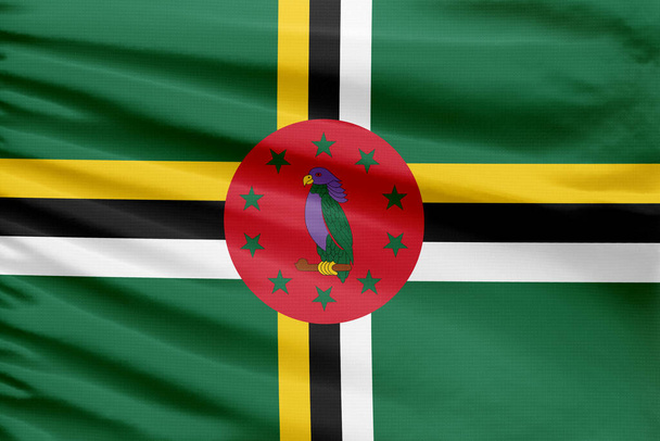 Flaga Dominiki przedstawiana jest na sportowej tkaninie ściegowej ze składanymi fałdami. - Zdjęcie, obraz