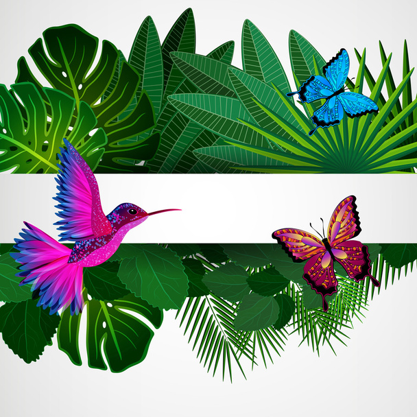 Tropical leaves with birds, butterflies. Floral design backgroun - Vector, afbeelding