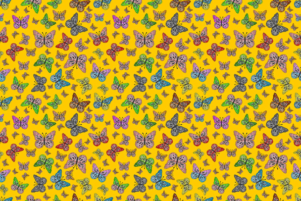 Abstract seamless pattern for boys, girls, clothes, wallpaper. Fantasy cute illustration. Of watercolor butterflies on black, gray and yellow background. - Photo, Image