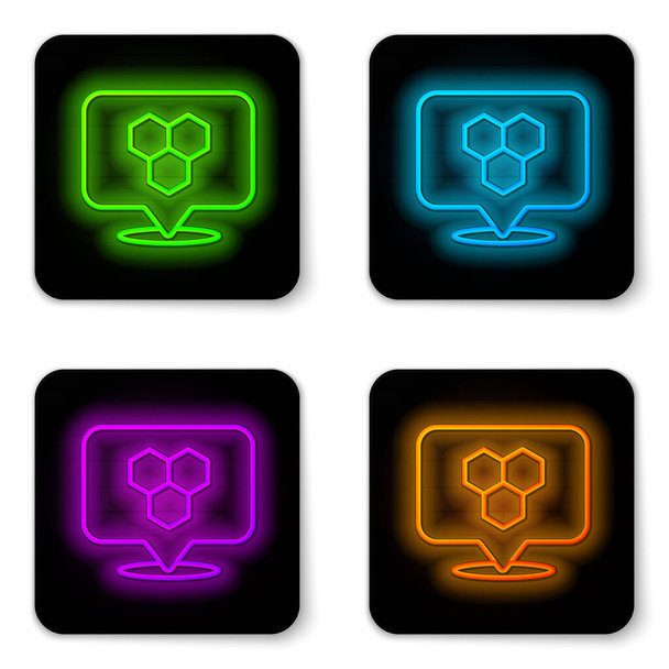 Glowing neon line Honeycomb bee location map pin pointer icon isolated on white background. Farm animal map pointer. Black square button. Vector - Vector, Image