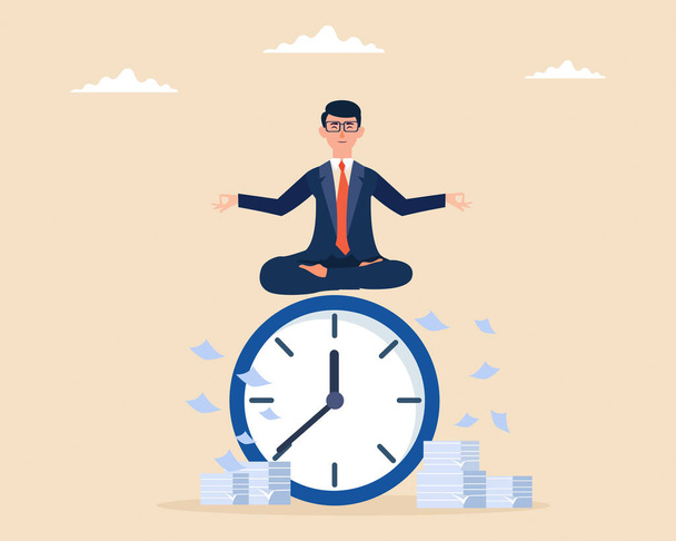 Zakelijk zitten op enorme klok en het doen van meditatie om het bedrijfsleven te verbeteren voordat de tijd om is Business deadline concept. - Vector, afbeelding