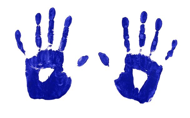 Empreintes de main en peinture bleue
 - Photo, image