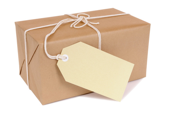 Небольшой коричневый пакет с этикеткой
 - Фото, изображение