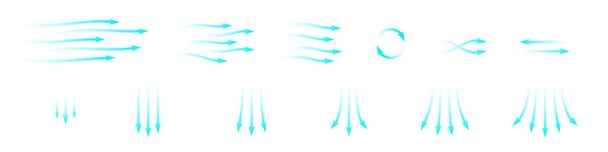 Blauer Pfeil, der Luft- oder Windströmung anzeigt. Richtung Klimaanlage. Isoliert auf transparentem Hintergrundelement - Vektor, Bild