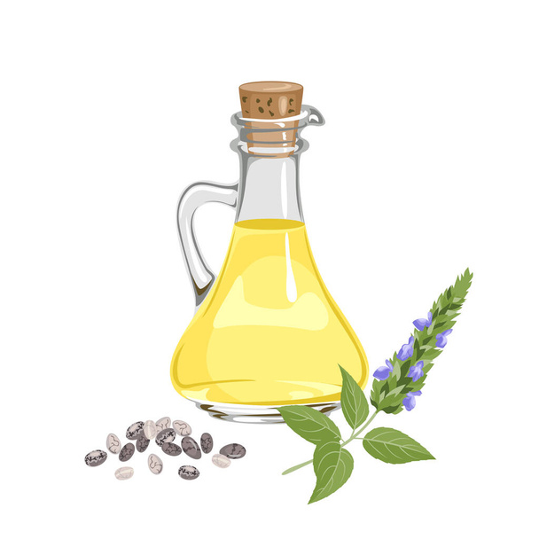 Chia-Samen-Öl in Glasflasche, blühende Pflanze und Haufen von Samen isoliert auf weiß. Vektorgrafik. - Vektor, Bild