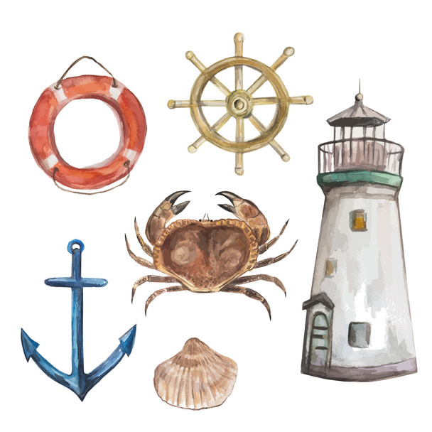 Set of nautical watercolor vector elements: - ベクター画像